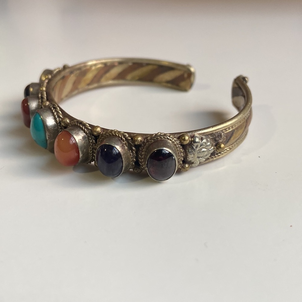 Copper brass steel mix metal natural stone cuff bracelet - Picture 2 of 6